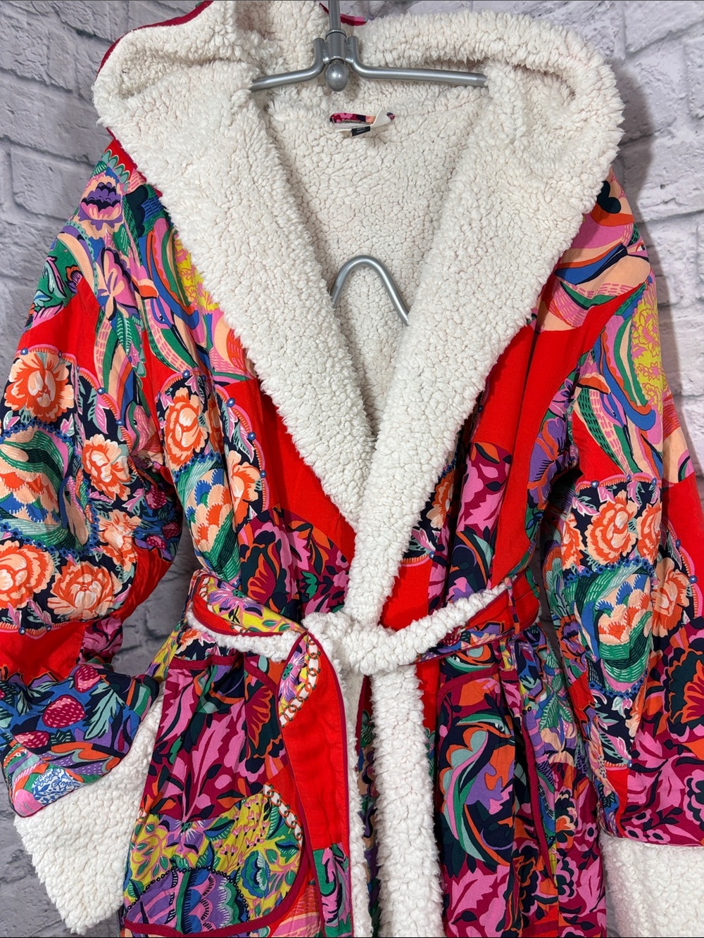 Anthropologie A. Farmer Vibrant Multicolor Floral Sherpa-Lined Robe Belt XS